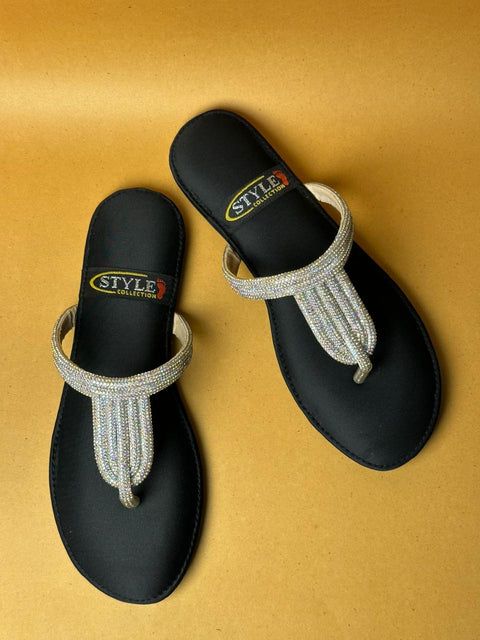 Black Crystal Tassel Thong Sandal 116-2