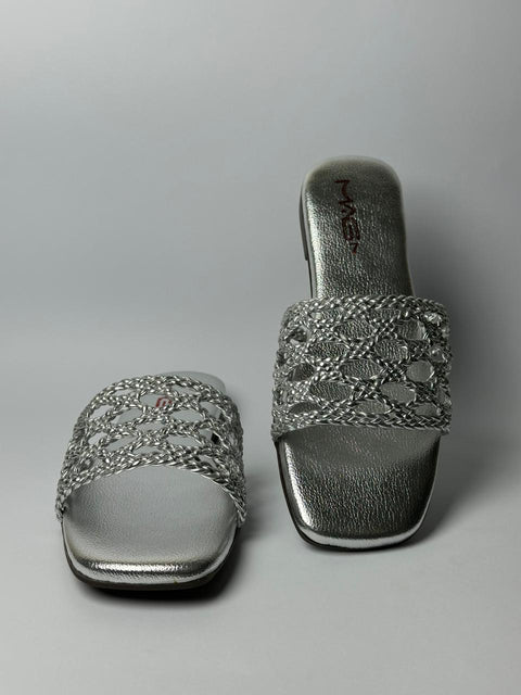 Silver Braided Strap Slide Sandals 67-10