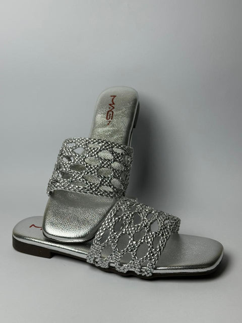 Silver Braided Strap Slide Sandals 67-10